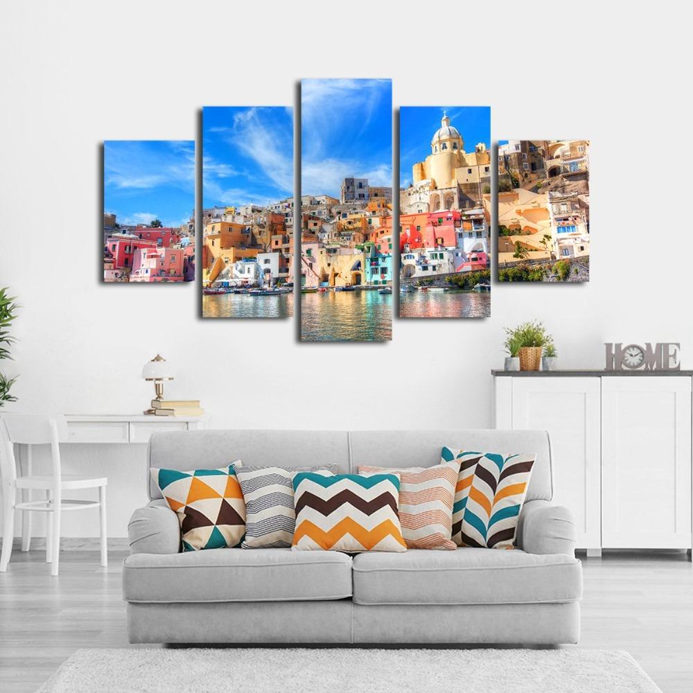 Colorful Building Houses Beyond Sea Grand City – Nature Canvas Wall Art