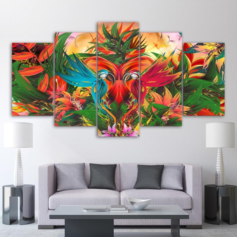 Colorful Flowers Birds – Abstract Canvas Wall Art