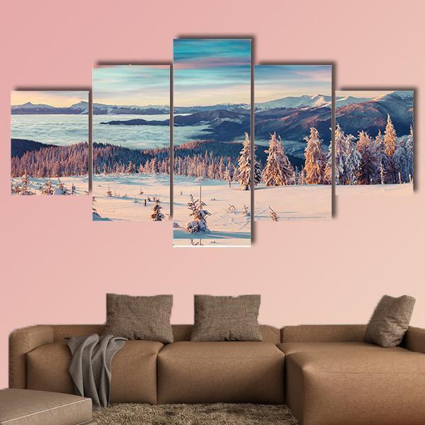 Colorful Winter Panorama Of Snowy Mountains – Nature Canvas Wall Art