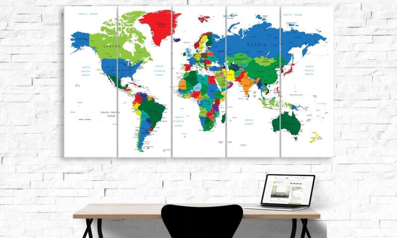 Colourful Travel World Map In White – World Map Canvas Wall Art