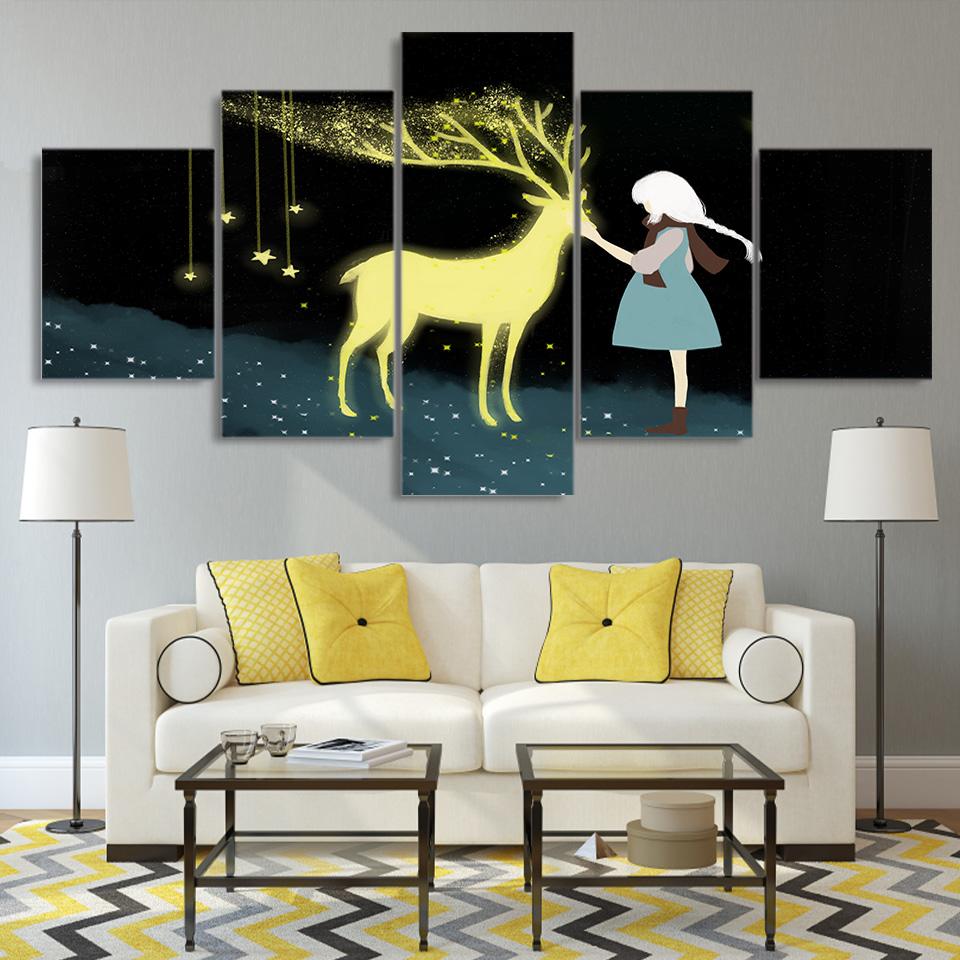 Comic Girl And Elk – Abstract Canvas Wall Art