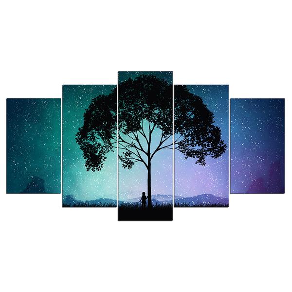 Cosmic Sky Stars Nighttime Tree Person Silhouette – Nature Canvas Wall Art