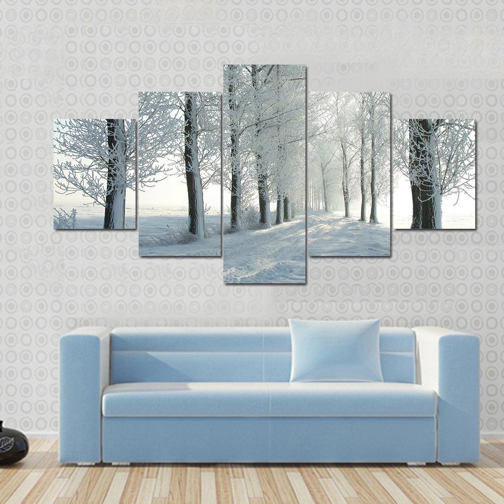 Country Road Leading Among Frosted Trees On A Sunny Morning – Nature Canvas Wall Art