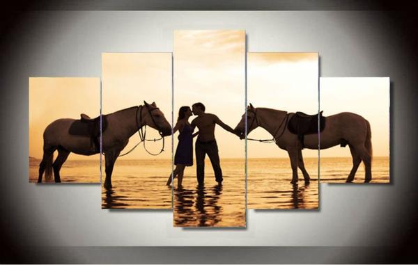 Couple Kissing With Their Horse At Sunset – Nature Canvas Wall Art