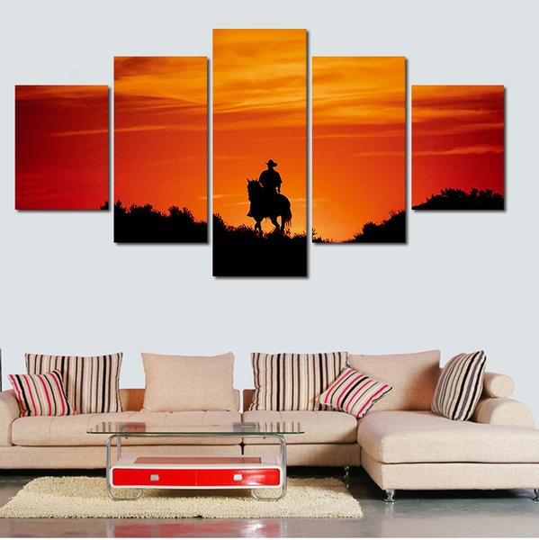 Cowboy Riding His Horse During Sunset – Nature Canvas Wall Art