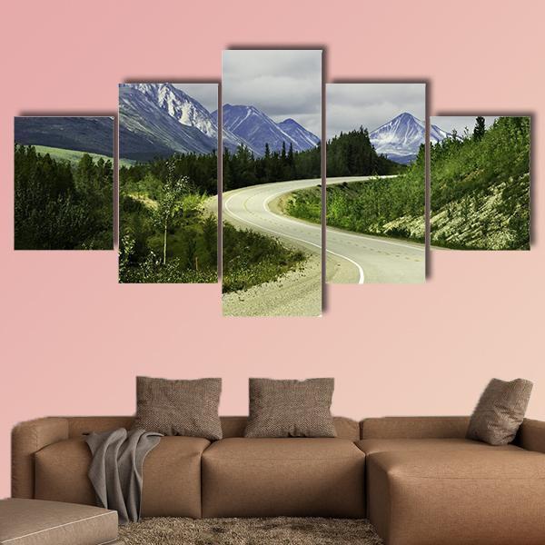 Curved Asphalt Road In High Mountains Of Alaska – Nature Canvas Wall Art