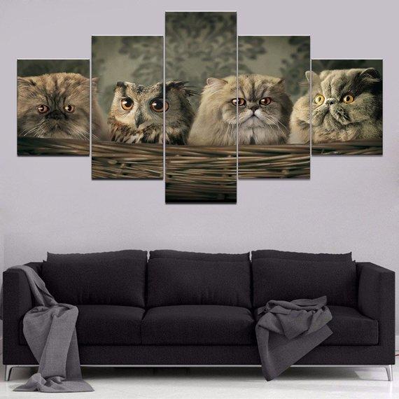 Cute Cats &Amp; Owl Beautiful Animals Cats – Animal Canvas Wall Art