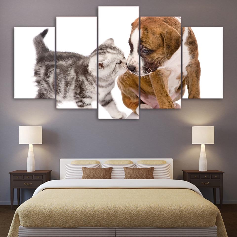 Cute Dog Kiss Cat Animal Canvas Wall Art
