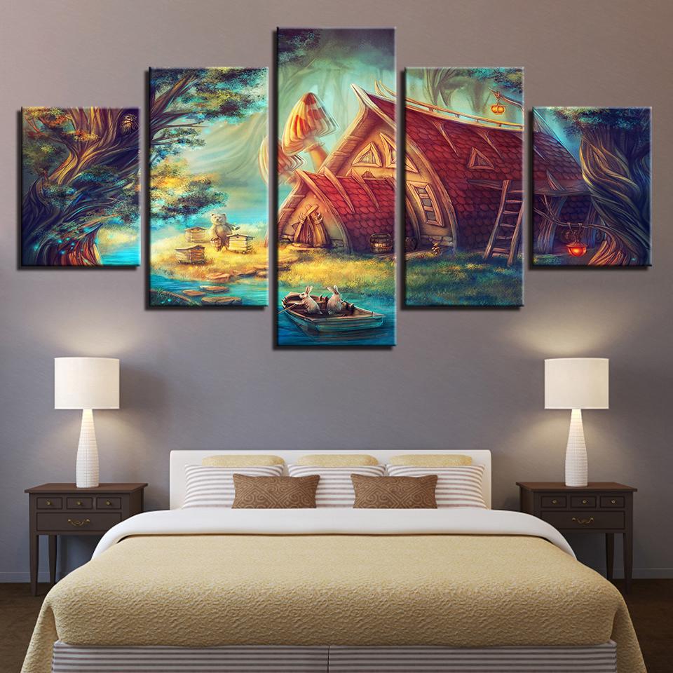 Cute Rabbit Bear And It House – Nature Canvas Wall Art