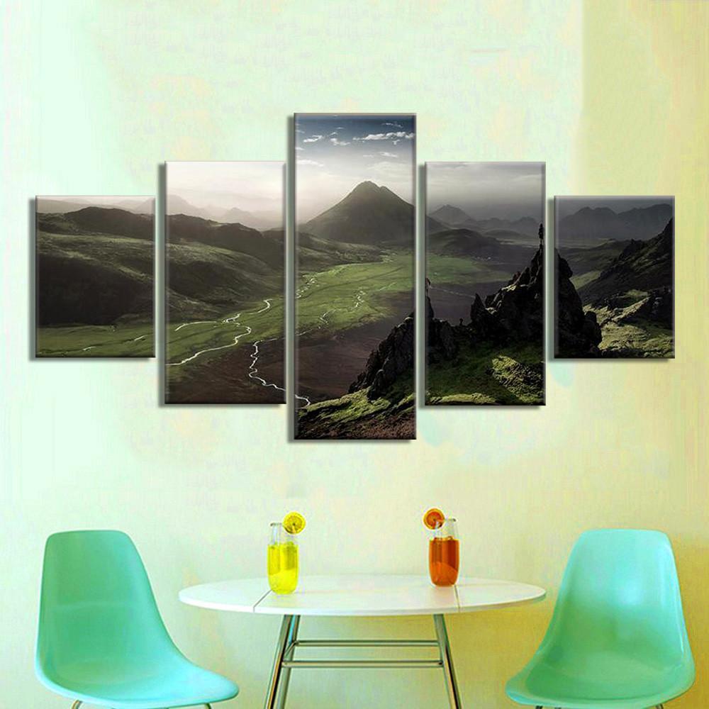Dark Green Steep Mountains And White Clouds Landscape View – Nature Canvas Wall Art