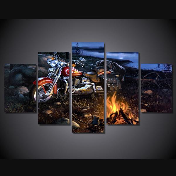 Davidson Springer Flsts Motorcycle Camping Bonfire Night – Automatic Canvas Wall Art