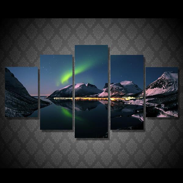 Dazzling Northern Lights Aurora Mountain Reflection Over Lake 01 – Nature Canvas Wall Art