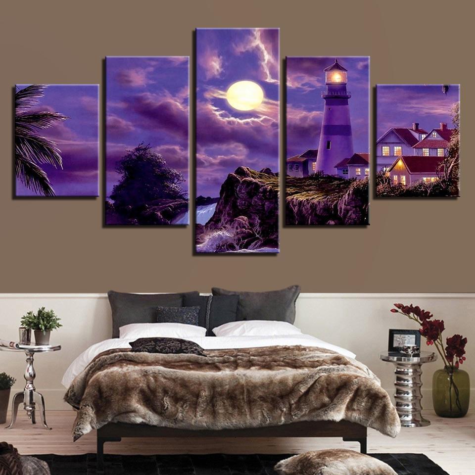 Decor Coastal Village House Lighthouse Moonlit Night – Nature Canvas Wall Art