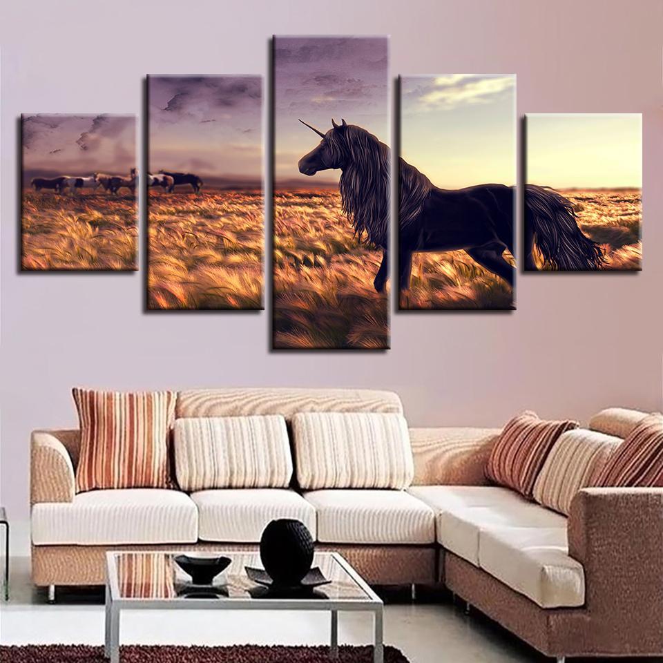 Decor Fantasy Black Unicorn And Prairie Horses – Abstract Animal Canvas Wall Art