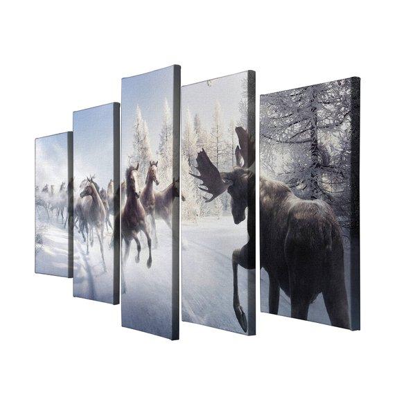 Deer Elks Running Horse Snow Forest – Animal Canvas Wall Art