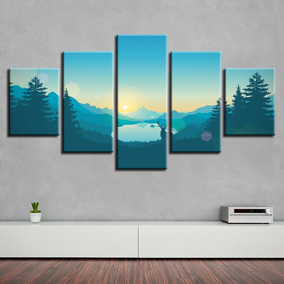 Deer Forest Mountain Sun – Nature Canvas Wall Art