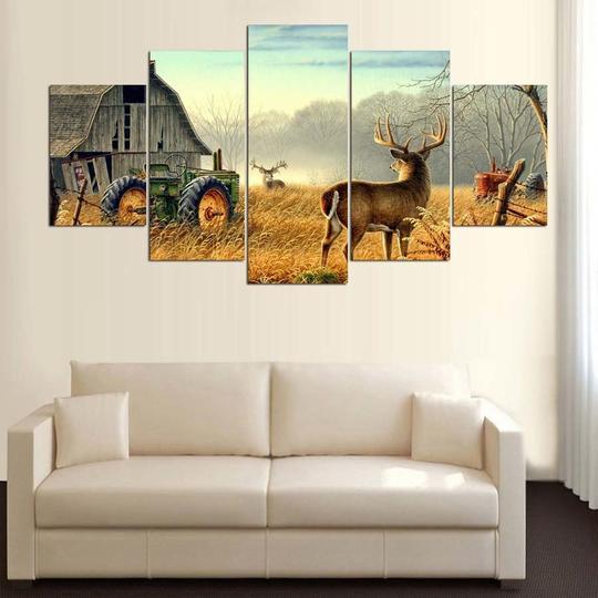 Deer In Field With Rustic Barn Painting – Animal Canvas Wall Art