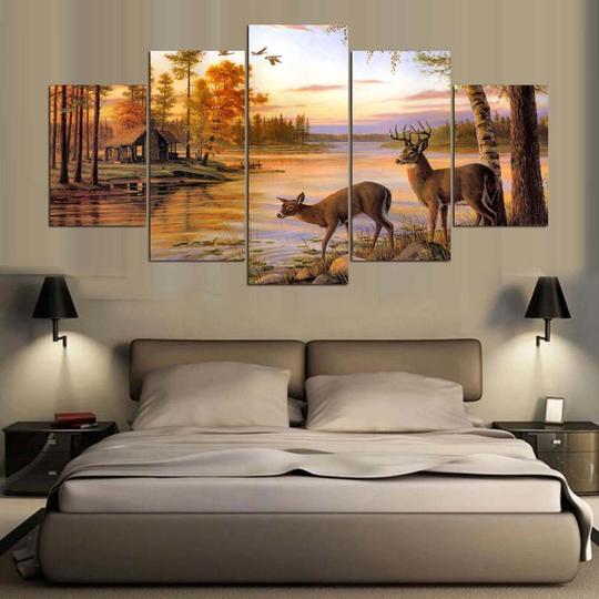 Deer On Autumn Lake Painting – Nature Canvas Wall Art