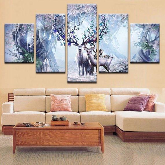 Deer Trees Tree Animals Deer – Abstract Animal Canvas Wall Art