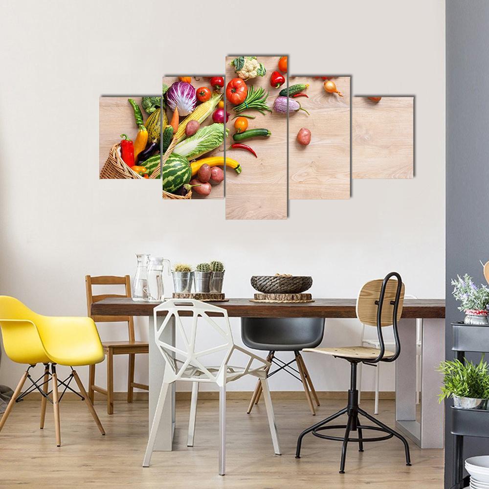 Different Fruits And Vegetables On Wooden Table – Kitchen Canvas Wall Art