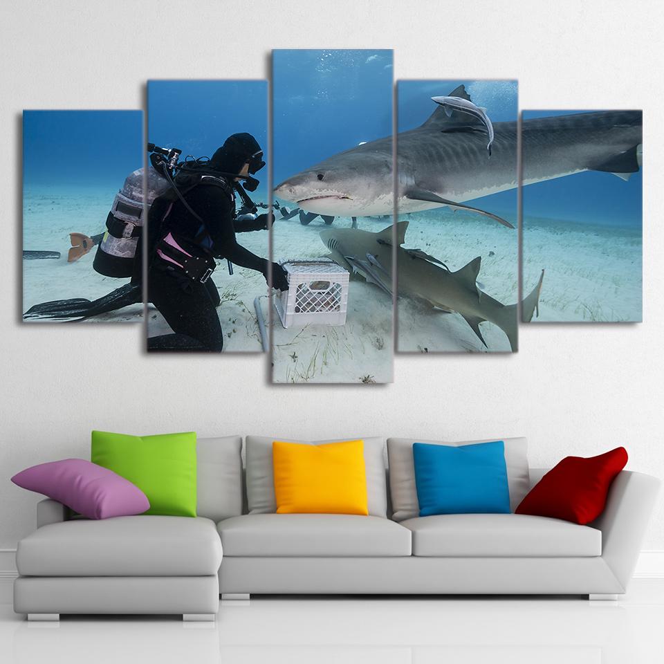 Diver And Shark – Animal Canvas Wall Art