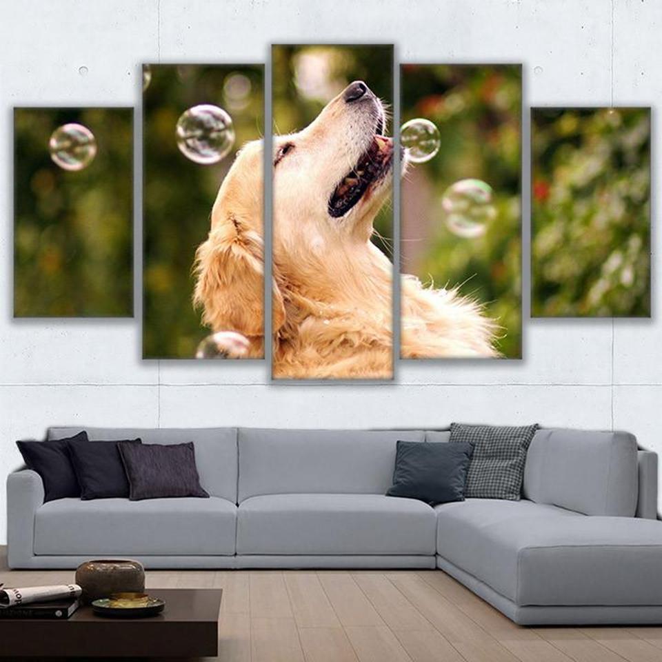 Dog Playing With Bubbles – Animal Canvas Wall Art