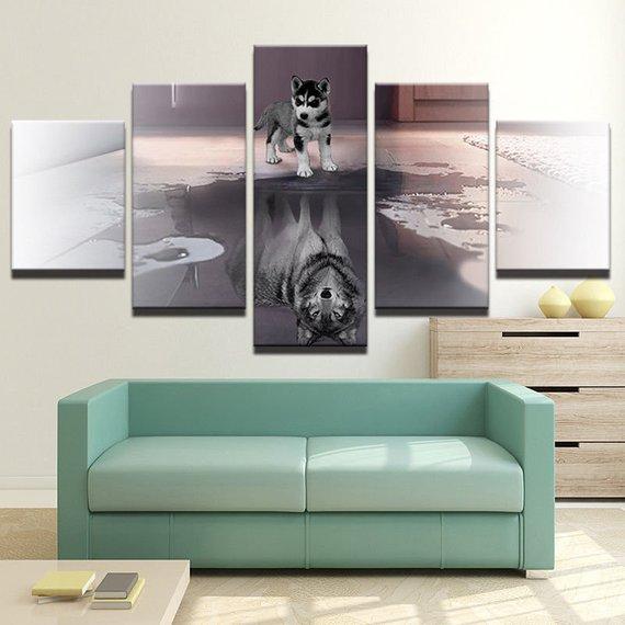 Dog Wolf Landscape Mirror Lake – Abstract Animal Canvas Wall Art