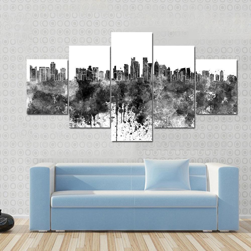 Doha Skyline In Black Watercolor – Abstract Nature Canvas Wall Art