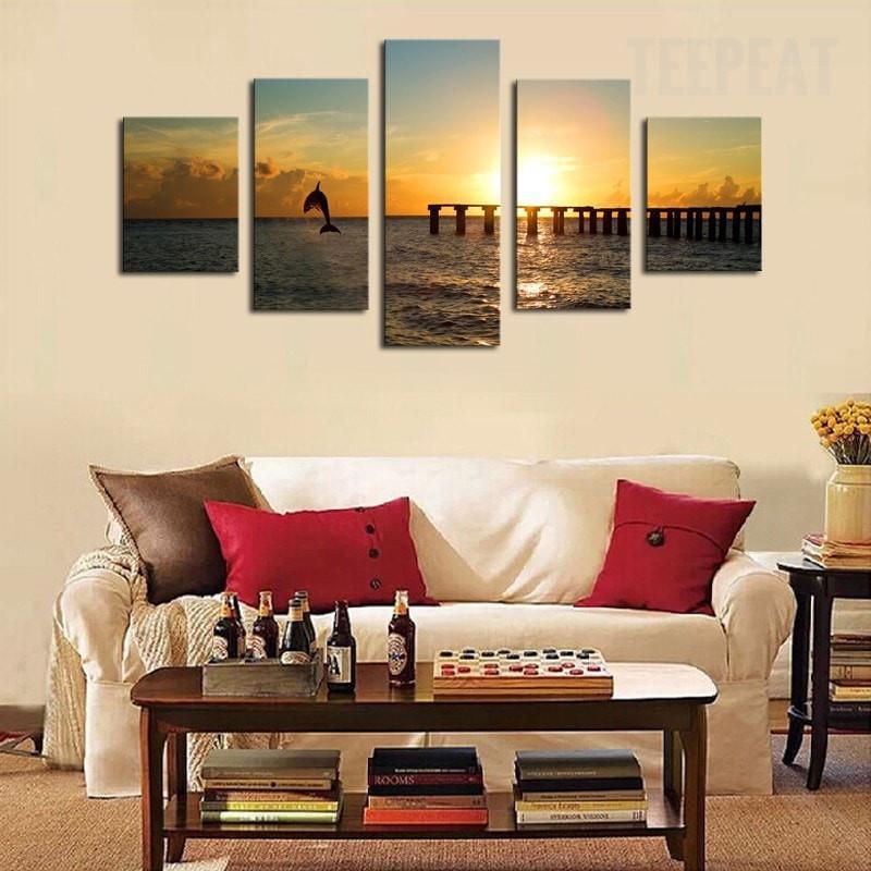 Dolphin Before The Sunset Seascape – Animal Canvas Wall Art