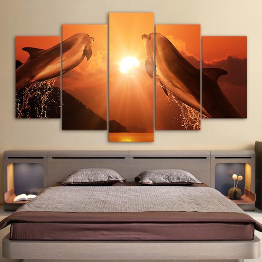 Dolphins Jumping Into The Sunset – Animal Canvas Wall Art