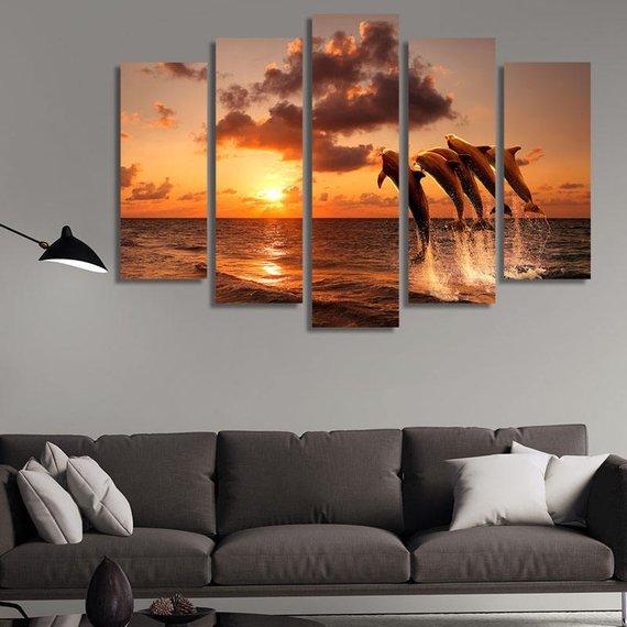 Dolphins Jumping Over The Sea Waves 01 – Animal Canvas Wall Art