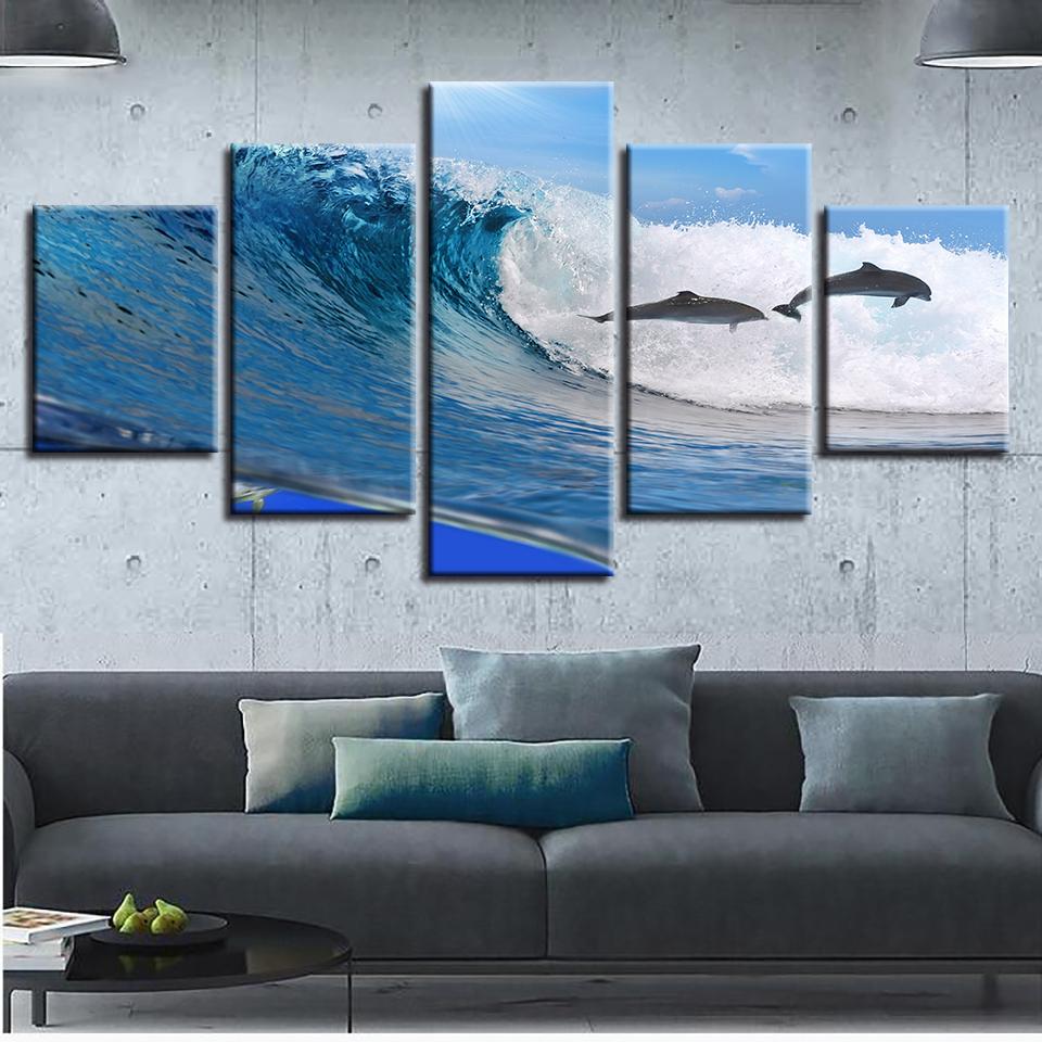 Dolphins Leaping And Beautiful Sea Waves – Space Canvas Wall Art