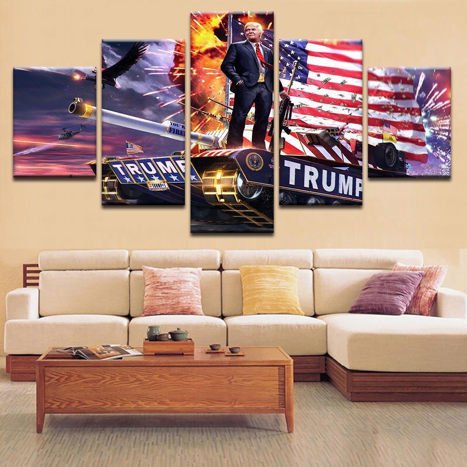 Donald Trump Standing On Top Of A Tank – Famous Person Canvas Wall Art