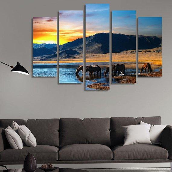 Drinking Horses – Animal Canvas Wall Art