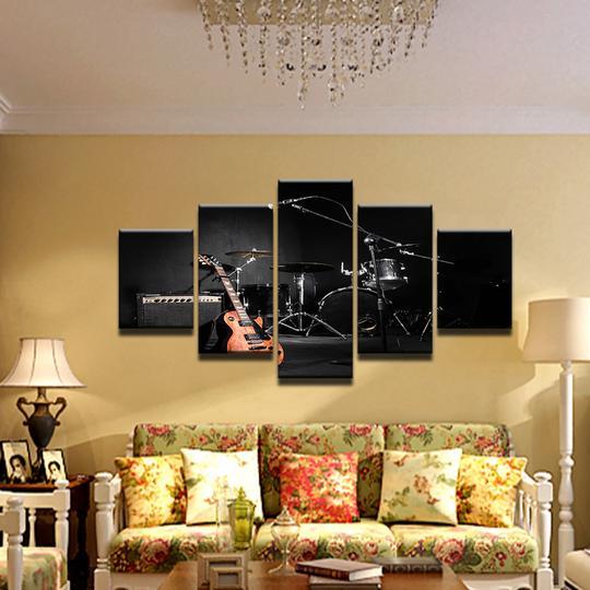 Electric Guitar And Drumset – Music Canvas Wall Art