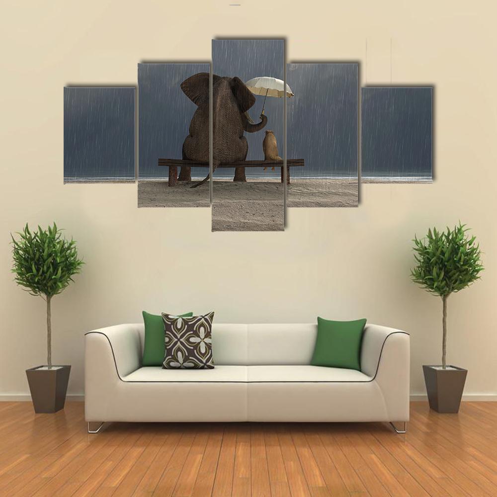 Elephant And Dog Sit Under The Rain – Animal Canvas Wall Art