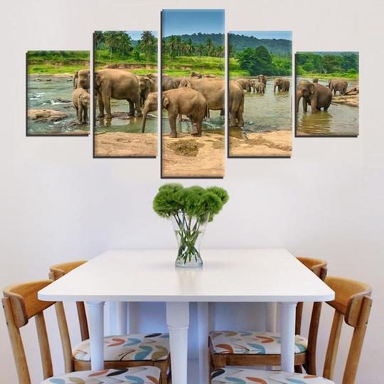 Elephant Family At The Watering Hole – Animal Canvas Wall Art