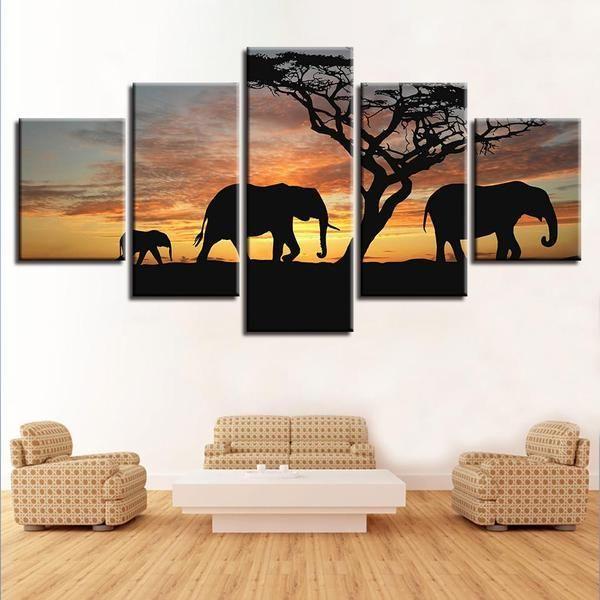 Elephant Family On Sunset – Animal Canvas Wall Art
