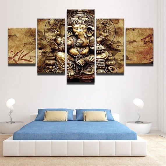 Elephant Trunk God India Ganesha Hindu Religion Golden – Religion Canvas Wall Art