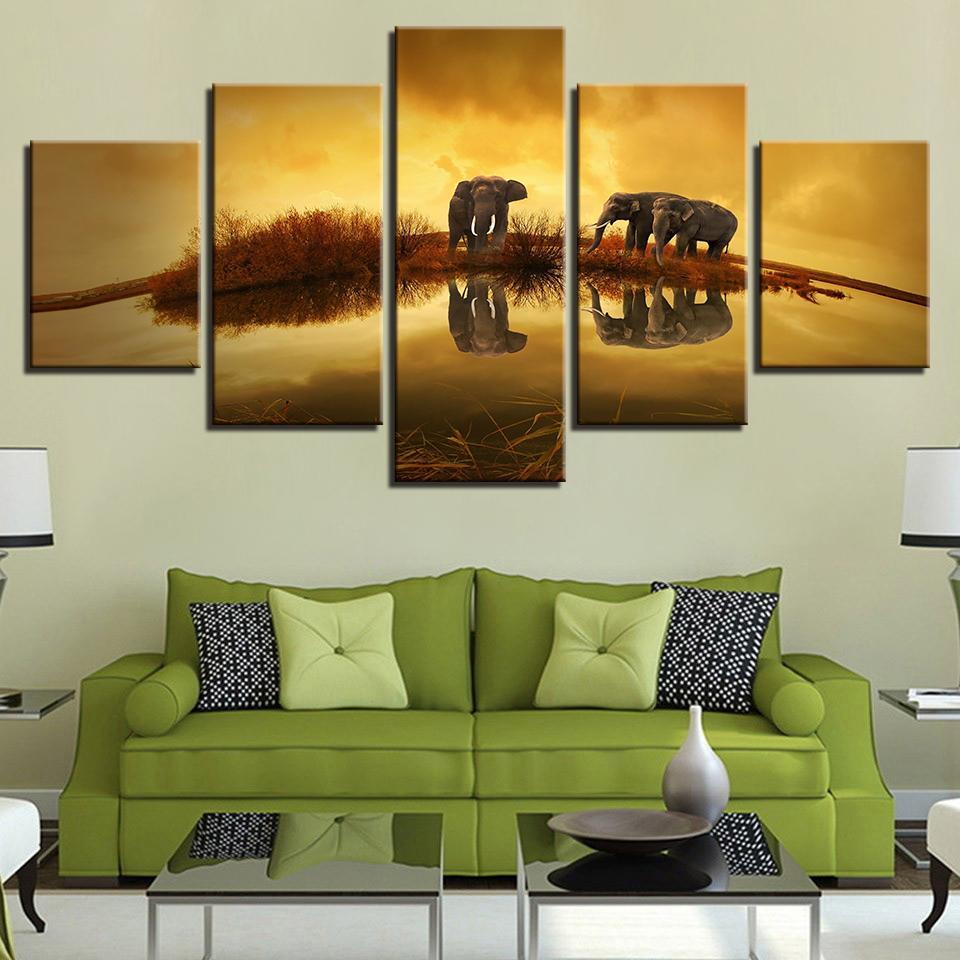Elephants Sunset Lake Landscape – Animal Canvas Wall Art