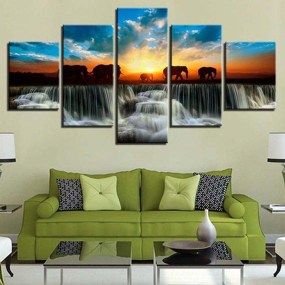 Elephants Waterfalls Sunset Beautiful – Animal Canvas Wall Art