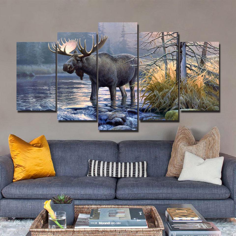 Elk Drinking By River – Animal Canvas Wall Art