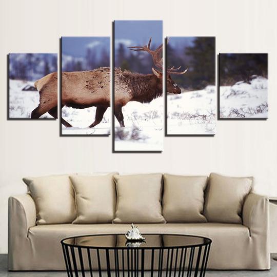 Elk Running In The Snow -Animal Canvas Wall Art