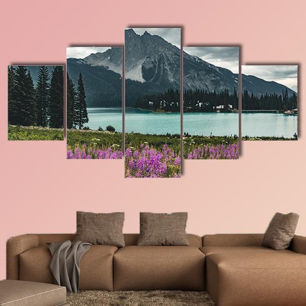 Emerald Lake With Mountains And Flowers – Nature Canvas Wall Art