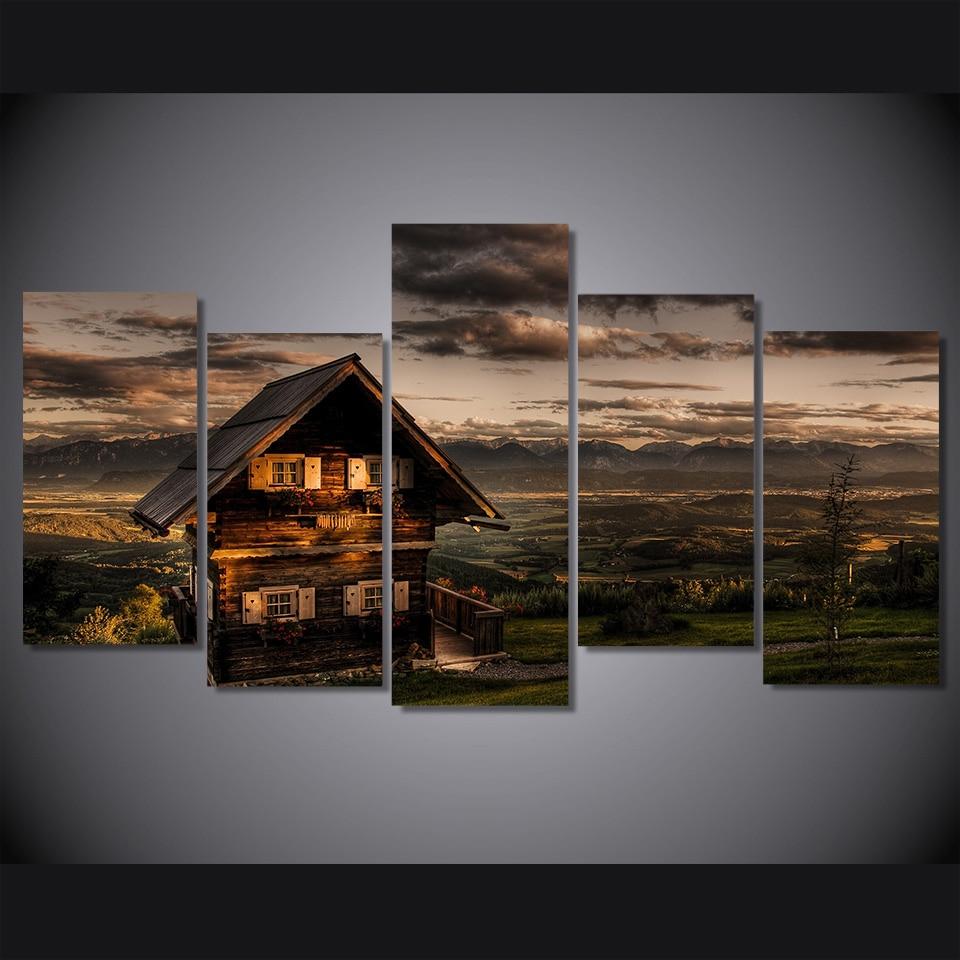 Evening Hills Wooden House – Nature Canvas Wall Art