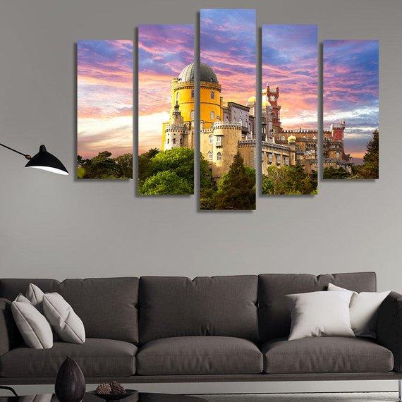 Fairy Palace At Sunset Panorama Of Pena National Palace In Sintra – Nature Canvas Wall Art