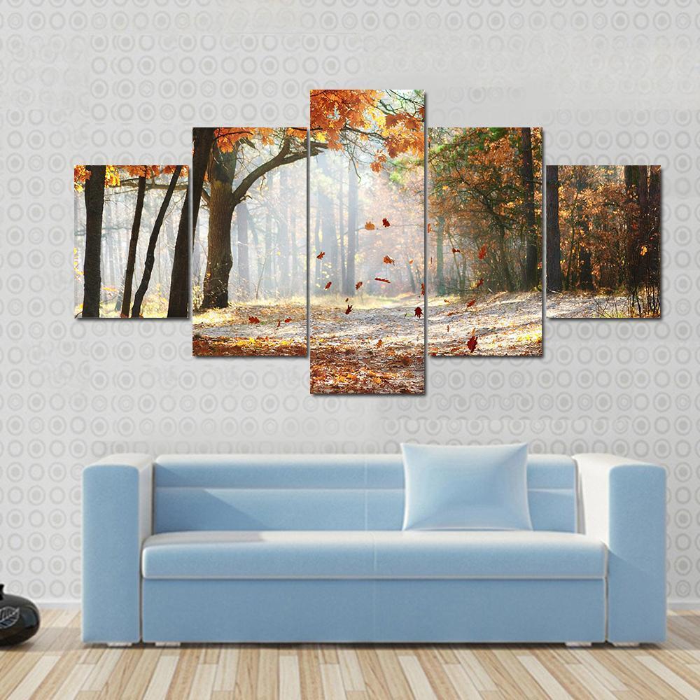 Falling Oak Leaves On Autumn Forest Illuminated By Morning Sun – Nature Canvas Wall Art