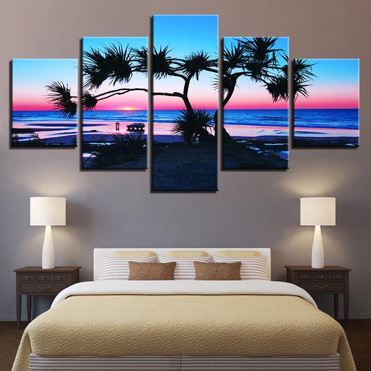 Fan Palm On The Beach Colorful Rainbow Sunset – Ocean Canvas Wall Art