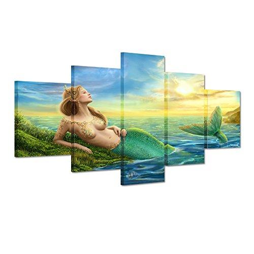 Fantasy Sexy Green Mermaid Beauty Blue Ocean Sunset – Abstract Canvas Wall Art