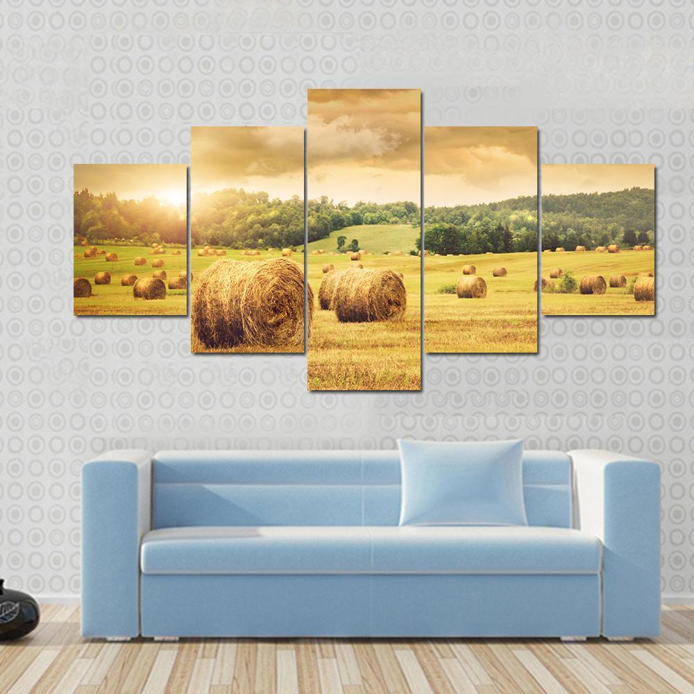 Field Of Freshly Cut Bales Of Hay With Beautiful Sunset – Nature Canvas Wall Art